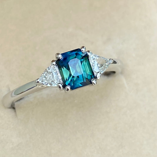 1ct Peacock Sapphire Trillion cut Diamond Ring 14K White Gold