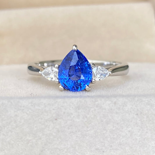 Ceylon Blue Sapphire Ring , Pear Sapphire ,Three stone Ring , Sapphire Proposal Ring,Unique Engagement Ring ,Cornflower Blue Sapphire