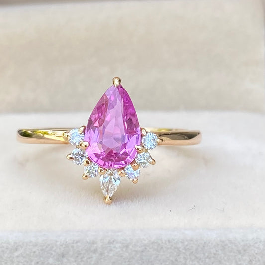 UNHEATED Pink Sapphire Ring / Engagement Ring / Pear Pink Sapphire / Diamond Cluster Ring / Promise Ring / Proposal Ring / Valentine Ring