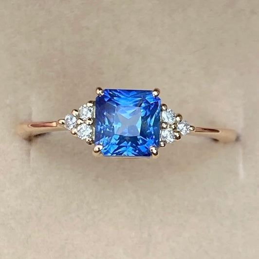 Ceylon Blue Sapphire Diamond cluster Ring 14K Rose Gold