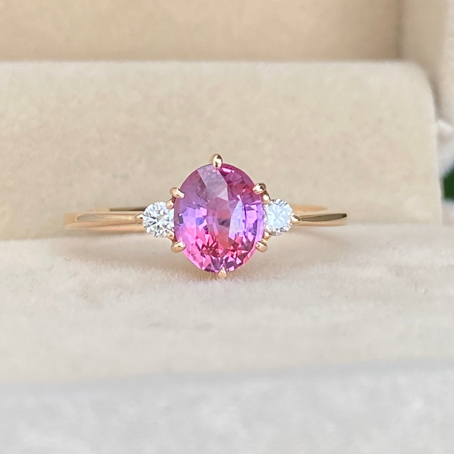 Pink Violet Bicolor Sapphire Three stone Ring