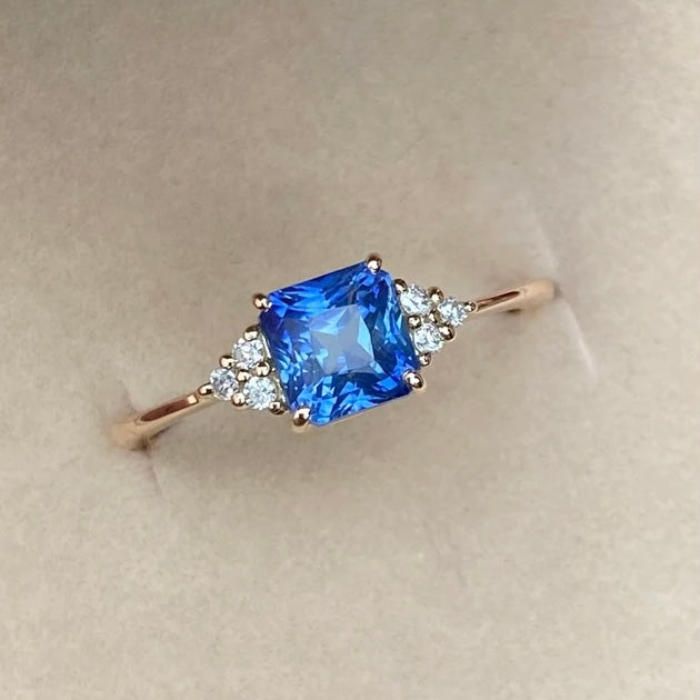 Ceylon Blue Sapphire Diamond cluster Ring 14K Rose Gold