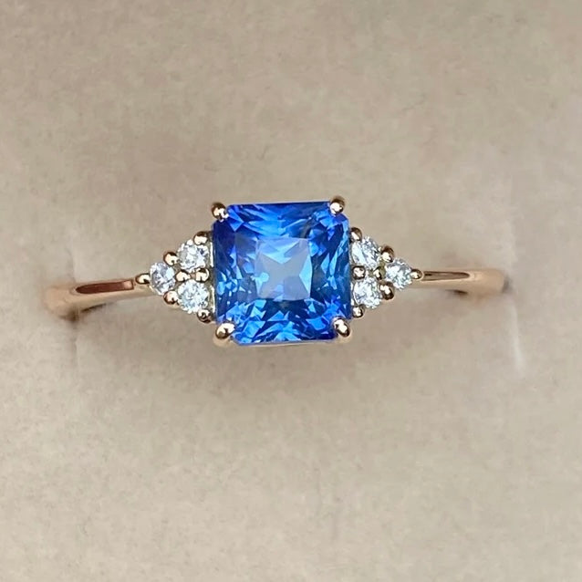 Ceylon Blue Sapphire Diamond cluster Ring 14K Rose Gold