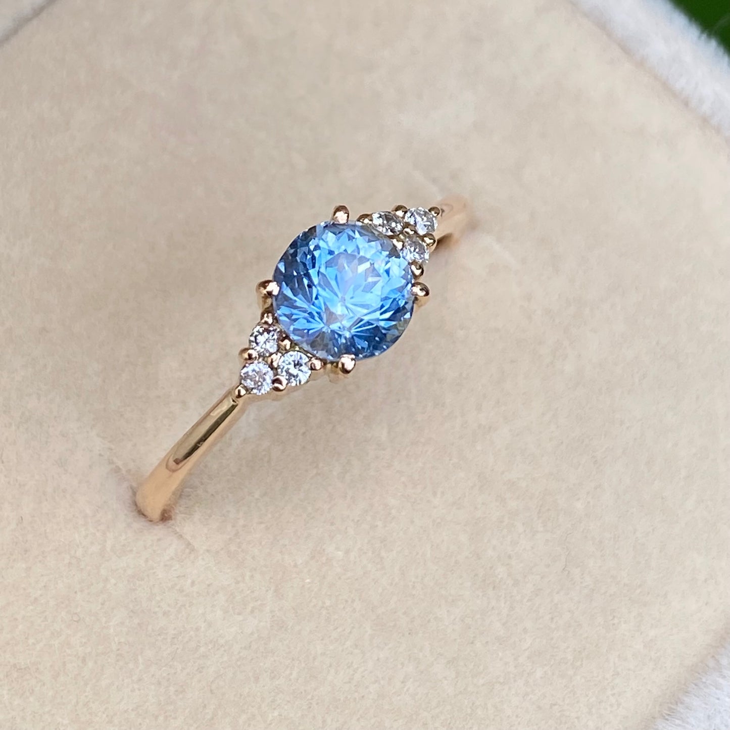 Round light blue sapphire Diamond cluster Ring 14K Rose Gold