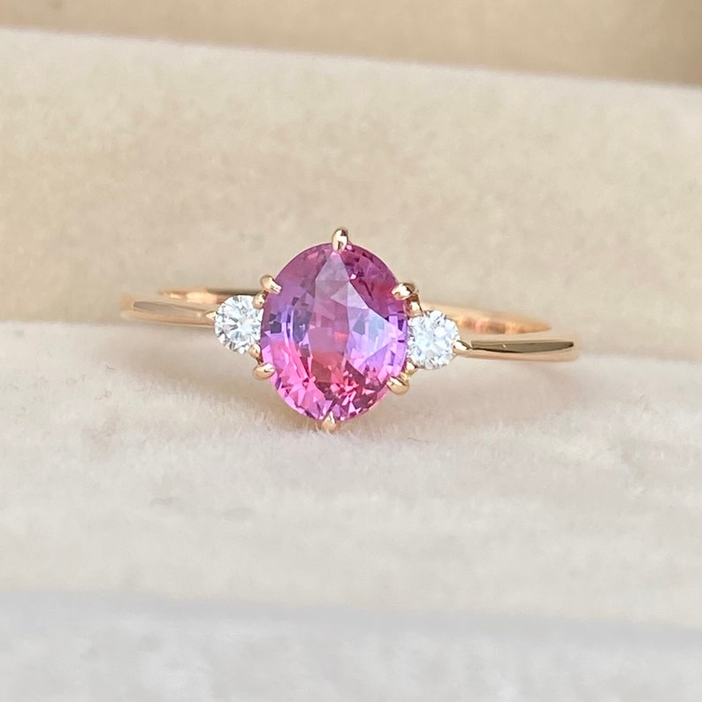 Pink Violet Bicolor Sapphire Three stone Ring