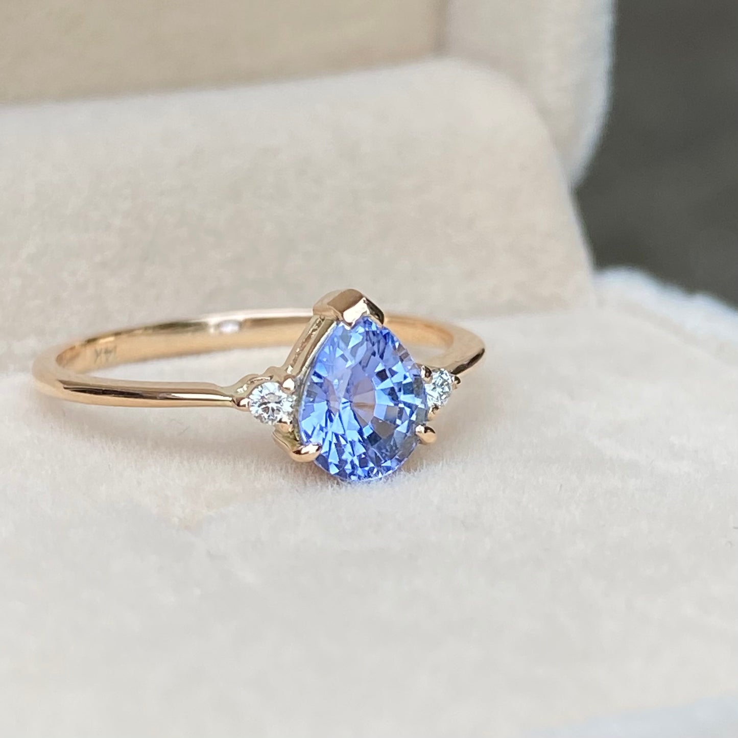 Pastel Blue Sapphire Diamond three stone Ring 14K Rose Gold