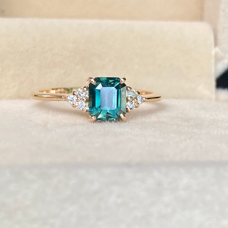 1.55ct Natural Teal Sapphire Diamond Cluster Ring 14K Rose Gold.